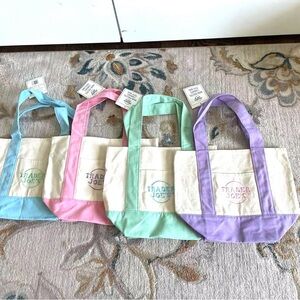 4x Trader Joe’s mini Canvas blue pink green purple shopping tote bags.